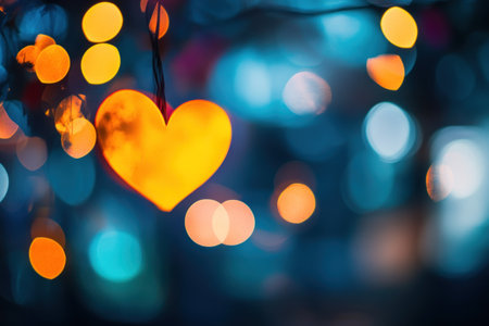 Abstract blurred background with a yellow heart and colorful lights, dark background, love concept. --ar 3:2 --v 6.1 Job ID: 350ca328-eb0a-4fcd-86b3-e623b70d3d10の素材