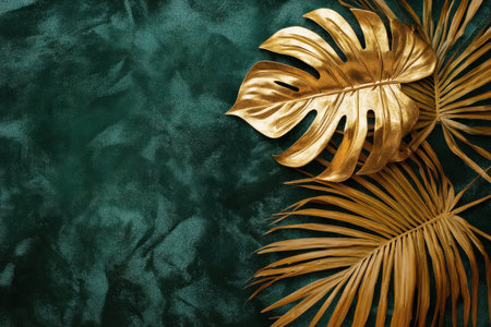Golden palm leaf and monstera on a green velvet background, a flat lay banner with copy space for a design template stock photo contest winner, high resolution. --ar 3:2 --v 6.1 Job ID: 0bb702a9-7b58-464d-b425-274569ac6a3fの素材