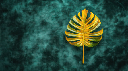 Gold palm leaf and monstera on a dark green velvet background, flat lay top view, copy space. 4058x2739px, in the style of Nina-erisian. --chaos 30 --ar 16:9 --v 6.1 Job ID: 9aa657c1-54df-416c-8802-029c5388fec4の素材