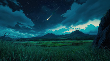 A shooting star streaks across the night sky, illuminating an expansive landscape below with its radiant glow. The stars twinkle in the background as if they were scattered across the vast skies, creating a mesmerizing scene of celestial beauty and wonder. Focus on the face. --chaos 30 --ar 16:9 --v 6.1 Job ID: d03f3166-1f83-4d7a-871c-797692a05b43の素材