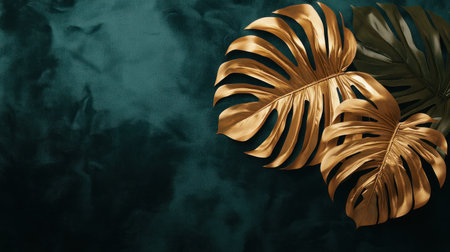 Golden palm leaf and monstera on a dark green velvet background, flat lay top view, copy space banner 4058x2739px. The beauty of nature itself. The contrast between gold and emerald tones creates an atmosphere that is both elegant and timeless. This combination adds sophistication to any design project or promotional material. --chaos 30 --ar 16:9 --v 6.1 Job ID: cb5bf3e3-bbc6-4a86-a160-67d41ea72352の素材