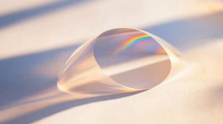 Abstract holographic light effect on a white background, with rainbow colors and a soft focus. The composition is vertical, with a flat lay and a minimal concept. The lighting is soft, and the texture is detailed, with neutral colors. The shot is a close-up, with shadows and depth of field, in the style of professional photography. --chaos 30 --ar 16:9 --v 6.1 Job ID: 893556a2-1a3e-49f9-afbe-ceefce45ccd8の素材