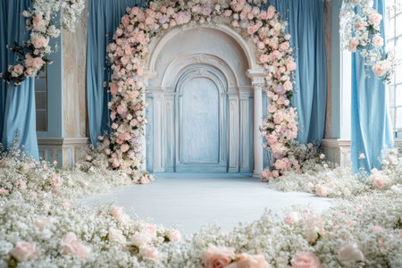A photograph depicting an arched structure decorated with pastel-colored roses and blue curtains, serving as a backdrop for a photoshoot. The style is reminiscent of the Baroque era. In the foreground, there is an empty floor covered with white flowers. --ar 3:2 --v 6.1 Job ID: 3e79b504-a49d-468c-b02c-8bd520758815の素材
