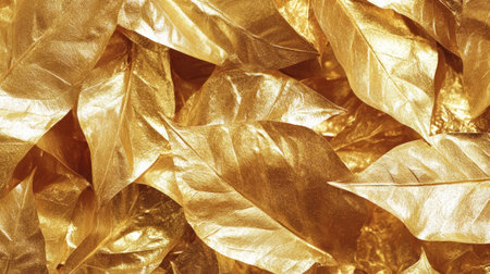 A high-resolution texture of gold leaf, providing an elegant and luxurious background for design projects. The gold foil surface has intricate details that showcase the shine and golden hues. This textured background is suitable for creating visually appealing designs with opulent and sophisticated tones. --chaos 30 --ar 16:9 --v 6.1 Job ID: 65e44995-bd27-42df-9955-ebe8421735f2の素材