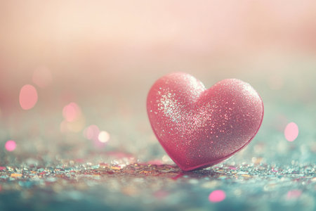 A pink heart-shaped object with glitter and confetti, set against a soft pastel background for a Valentine's Day celebration. The scene is illuminated by warm light that creates gentle shadows on the surface of the metallic texture. This composition adds romance to any design or text, perfect as an enchanting backdrop for romantic messages or products. An ultra-realistic photograph captured with a high-resolution 70mm camera lens. --ar 3:2 --v 6.1 Job ID: cdf4f33f-18b8-4b73-bd8e-2c9ac6ea3af0の素材