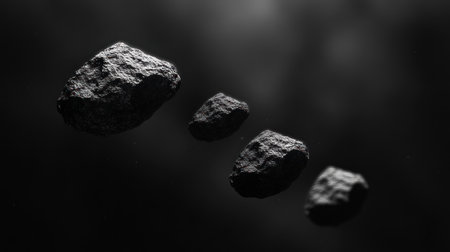 Four small asteroids floating in the asteroid belt, in a realistic style with a simple background, dark tones of black and gray, and a perspective view focused on the detailed textures of the rocks, with scattered light effects for realism. --chaos 30 --ar 16:9 --v 6.1 Job ID: 4f04268a-25f4-457a-8d5f-3ddcc45b81a6の素材