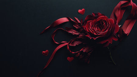 Black background with a red ribbon and rose, red hearts in the bottom right corner of the picture, flat lay. --chaos 30 --ar 16:9 --v 6.1 Job ID: 7205cd27-5ffe-4cac-aaa2-f26edd0be08aの素材