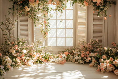 A vintage white room with rustic wooden shutters, adorned with blooming flowers and vines in soft peach hues. The sunlight filters through the windows, casting gentle shadows on the floor. A central focus is placed on an empty stage decorated with fresh floral arrangements. This scene captures the essence of romance and natural beauty. --ar 3:2 --v 6.1 Job ID: 2ad11d62-bc21-4d2d-8c6f-b4b134fb2958の素材