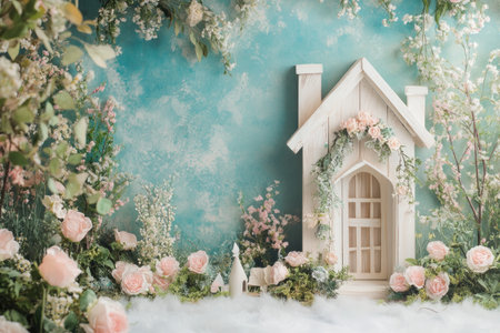 A wall backdrop for photography, with soft blue and pink colors, featuring a fairy garden theme. The backdrop includes small white wooden arches, rose garlands, green plants, and soft, fluffy flowers on the floor, as well as a small wooden house. --ar 3:2 --v 6.1 Job ID: 9ccc91ea-357d-4b44-815a-eb19e1ec35f6の素材