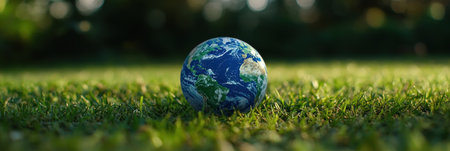 Eco concept with a green planet Earth on a grass field in spring, a banner for World Environment Day background. A close-up of a blue Earth globe on a blurred nature landscape. Green world design. + Professional photo taken in the style of Sony Alpha 7R III camera using a Canon EF-S lens. --ar 89:30 --v 6.1 Job ID: 0c314010-ea17-49e0-bf38-196f3f5f6fdeの素材