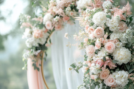 Cute wedding backdrop with pastel pink and white flowers, a circular arch with tulle curtains, and an array of floral arrangements for photography, shot on a Canon EOS R5 with an F2 aperture, ISO 400, and a Leica APO-Summicron-M 86mm f/3 lens. --ar 3:2 --v 6.1 Job ID: 8b5d85ec-bbd9-4744-9846-0642a9532e78の素材