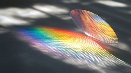 A rainbow with a white background, bright light and shadow, depth of field, perspective, delicate texture, and soft tones. The edge is sharp, and the center has an ethereal glow. It shines on gray paper. A beam of colored rays appears in close range, which gives people a visual impact. There's some mist around it. --chaos 30 --ar 16:9 --v 6.1 Job ID: 49bd1d3f-762b-44a4-80a0-da2d7a238e8fの素材