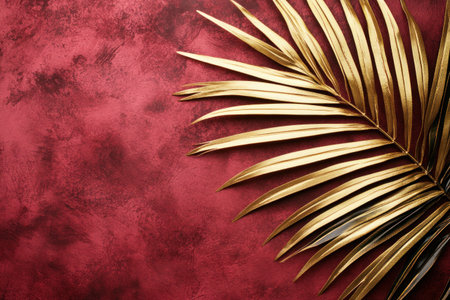 A close-up of the edge and gold palm leaf on a textured red velvet background, with copy space for text or design. The palm leaves contrast beautifully against the rich burgundy color, creating an elegant and luxurious composition. This top-view texture is ideal as a wallpaper or poster, adding depth to any room decor in the spring or summer season. --ar 3:2 --v 6.1 Job ID: 6fcb0f6c-b9ff-4b1f-b628-8222140cfc9eの素材