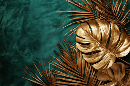 Gold monstera leaf and palm tree on a green velvet background, flat lay top view. Golden tropical leaves and a palm branch on a dark emerald tablecloth. Flat lay banner with copy space for a wedding invitation card design, party flyer, or social media post template. Photo taken in the style of Canon R6 Mark II, 8K. --ar 3:2 --v 6.1 Job ID: 002b2537-298f-4cee-914b-3e7e15ed4fceの素材