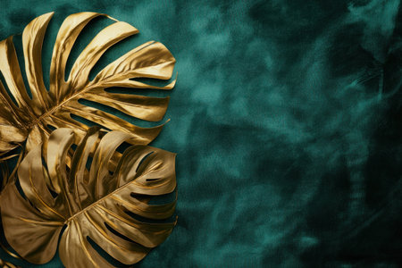 Golden palm leaf and monstera on a green velvet background, a flat lay banner with copy space for a design template stock photo contest winner, high resolution. --ar 3:2 --v 6.1 Job ID: 0bb702a9-7b58-464d-b425-274569ac6a3fの素材