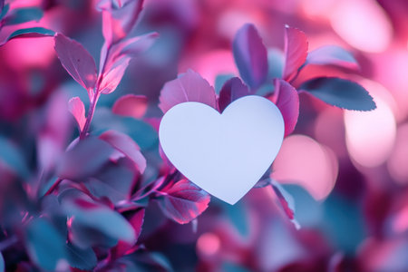 A white heart-shaped card in the center of an out-of-focus pink bush with purple leaves. Valentine's Day concept, blurred background, copy space for text. High-resolution photography, professional color grading, soft shadows, low contrast, clean sharp focus. --ar 3:2 --v 6.1 Job ID: b98aa600-8539-4cdd-906a-6de50c05c9d5の素材