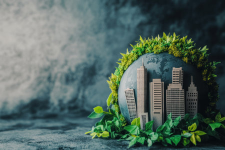 A globe with greenery and sustainable buildings, symbolizing environmental protection for World Wildlife Day. --ar 3:2 --v 6.1 Job ID: caf8e644-ebb6-40a4-8a16-424cfab92560の素材