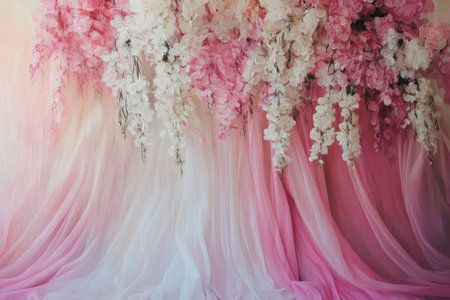 Elegant pink and white floral wedding backdrop with cascading flowers, draped fabric curtains, and soft lighting for a photography studio background. --ar 3:2 --v 6.1 Job ID: 20f8c77f-813a-4243-84f3-5f2d2c6255aaの素材
