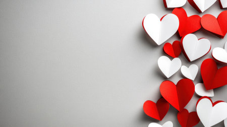 A group of white paper hearts with red edges, placed on the right side of an empty light gray background. The composition is viewed from above and slightly to the left, creating a sense of depth. There is space at both the top and bottom for text or other elements. This design could be used as a border decoration in various love-themed projects. --chaos 30 --ar 16:9 --v 6.1 Job ID: 82d7bb9e-24d3-4653-959c-15b13109ac3dの素材