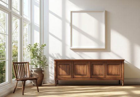 A simple wooden sideboard with an empty white poster frame hanging on the wall above it, set against a bright and airy room with natural light streaming in through large windows. The composition captures the simplicity of modern home decor with clean lines and neutral tones. High-quality photograph. --ar 67:45 --v 6.1 Job ID: e9347e2b-874b-41e9-bca5-9d99dc09427cの素材