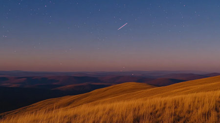 A shooting star in the night sky, a beautiful scene of stars twinkling against a dark blue background. The grassland is located on top of mountainous areas with clear skies and distant mountains. A large meteor streaks across the vast expanse of space from left to right, leaving behind long trails that add drama to the overall composition. --chaos 30 --ar 16:9 --v 6.1 Job ID: af5e8a69-6ade-424c-90f0-dcb4476949faの素材