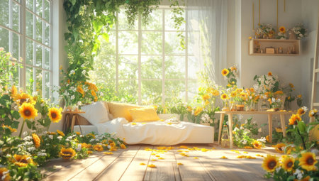 A sunflower-themed room with large windows, white walls, and a wooden floor adorned with pastel-colored flowers. A cozy daybed sits in the center of an open space surrounded by lush greenery. The sunlight filters through the leaves outside, creating a warm glow inside. There is also a small table covered with vases filled with yellow roses and other wildflowers. This scene captures the essence of spring's vibrant colors and nature's beauty. --ar 53:30 --v 6.1 Job ID: 005e9c54-bdcd-4856-9e63-3dc4e38761ceの素材