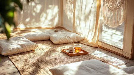 A sunlit room with plush cushions and soft linens, creating an inviting atmosphere for relaxation. A small tray of tea sits on the floor nearby, adding to its cozy ambiance. The sunlight casts gentle shadows across the scene, enhancing the warm tones of beige and cream hues that envelop the space in warmth and comfort. In one corner hang macrame curtains, adding texture and character to the composition. --chaos 30 --ar 16:9 --v 6.1 Job ID: a3745026-1783-441e-a7bd-72eba48cca0aの素材