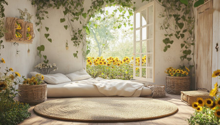 A sunflower garden-themed room with an oversized window, a sofa, and a small table in the center of the scene. The floor is covered by a round carpet, and there's a comfortable bed underneath. On one side, two woven baskets filled with flowers and plants add to the natural atmosphere. Sunlight streams through the open door onto a white wall adorned with vines. In front of you lies a beige rug. A large white blanket sits on top of the soft cushions. --ar 53:30 --v 6.1 Job ID: fba929ed-220a-463b-b012-773c1f2be5beの素材