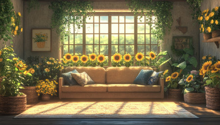 A large window in the center of an empty room, with sunflowers and plants growing outside. A comfortable sofa is placed in front of it, surrounded by various soft cushions. The sunlight shines through the windows onto the sofa, creating a warm atmosphere inside. On both sides of the wall, there are wooden baskets filled with flowers and greenery, adding to its natural feel. This scene creates a serene environment that brings warmth and tranquility. --ar 53:30 --v 6.1 Job ID: aed0e5c6-5208-49fa-bbd2-09145262d62aの素材