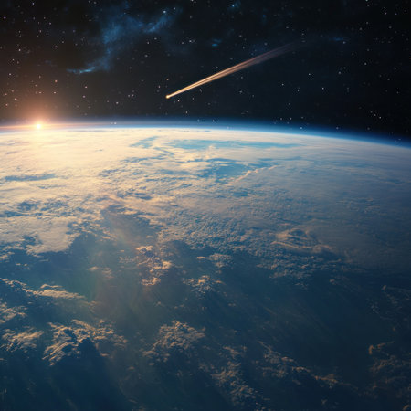 A photo of Earth from space, with a meteor falling through the sky. --v 6.1 Job ID: ddbb5a85-a5e8-416d-a990-8cb3084ae00bの素材