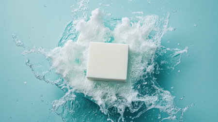 A white square soap floating on water, light blue background, top view, product photography, high resolution, high details, soft shadow effect, soft focus, natural lighting, professional color grading, clean sharp focus --chaos 30 --ar 16:9 --v 6.1 Job ID: 357a44dd-0473-4445-ac6f-f1517110c2e9の素材