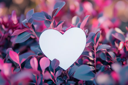 A white heart-shaped card in the center of an out-of-focus pink bush with purple leaves. Valentine's Day concept, blurred background, copy space for text. High-resolution photography, professional color grading, soft shadows, low contrast, clean sharp focus. --ar 3:2 --v 6.1 Job ID: b98aa600-8539-4cdd-906a-6de50c05c9d5の素材