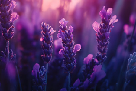 Close-up of lavender plants in full bloom, creating an enchanting and soothing atmosphere with their purple hues. Stylish stock photo, close-up shot, high-resolution photography. --ar 3:2 --v 6.1 Job ID: 24de4ed4-ba29-4b10-b89c-9795bacbc5e7の素材