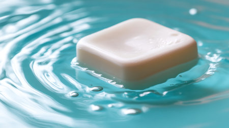A white square soap floating on water, with a light blue background, top view, water ripples, product photography, high resolution, high detail, high quality --chaos 30 --ar 16:9 --v 6.1 Job ID: d3648cb5-ecfe-491a-a2da-c6e34fa46ce6の素材