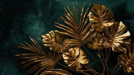 Gold palm leaf and monstera on a dark green velvet background, flat lay top view, copy space. 4058x2739px, in the style of Nina-erisian. --chaos 30 --ar 16:9 --v 6.1 Job ID: 9aa657c1-54df-416c-8802-029c5388fec4の素材