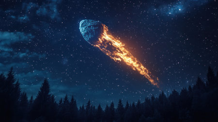 A massive meteorite is streaking across the night sky, leaving behind an orange trail of fire and smoke as it falls to Earth. The asteroid has bright white edges with blue highlights on its upper part. In front of the forest below, there's a starry background with countless stars twinkling in the dark night sky. --chaos 30 --ar 16:9 --v 6.1 Job ID: 696d5b17-952a-45e1-b9d7-f3ee63550fdcの素材