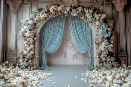 A photograph depicting an arched structure decorated with pastel-colored roses and blue curtains, serving as a backdrop for a photoshoot. The style is reminiscent of the Baroque era. In the foreground, there is an empty floor covered with white flowers. --ar 3:2 --v 6.1 Job ID: 3e79b504-a49d-468c-b02c-8bd520758815の素材