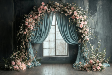 A photograph of an arch with light blue curtains, decorated with pink and white roses in the style of Romanticism, against a backdrop of dark gray walls. The scene is set on a wooden floor. A large window adds to its grandeur. --ar 3:2 --v 6.1 Job ID: 7fd1d072-b1f0-45c2-94ad-1228d53fd435の素材