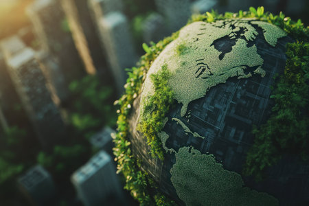 A globe with greenery and sustainable buildings, symbolizing environmental protection for World Wildlife Day. --ar 3:2 --v 6.1 Job ID: caf8e644-ebb6-40a4-8a16-424cfab92560の素材