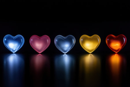 Blurred hearts in different colors on a black background. A Valentine's Day concept, with blurred heart-shaped lights. The image was taken with a Canon EOS R5 mirrorless camera, using the RF 85mm F2 lens at a high ISO and an aperture of f/4 to blur out the dark room background. --ar 3:2 --v 6.1 Job ID: f9748e92-fe8c-4d90-ada0-dc4424a469a6の素材