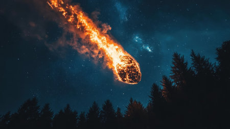 A massive meteorite is streaking across the night sky, leaving behind an orange trail of fire and smoke as it falls to Earth. The asteroid has bright white edges with blue highlights on its upper part. In front of the forest below, there's a starry background with countless stars twinkling in the dark night sky. --chaos 30 --ar 16:9 --v 6.1 Job ID: 696d5b17-952a-45e1-b9d7-f3ee63550fdcの素材