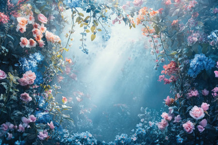 A photograph of an enchanted garden filled with pastel flowers, blue and pink, with foggy light rays and vines wrapped around the edges of the frame. The image is hyper-realistic and highly detailed. --ar 3:2 --v 6.1 Job ID: 4efec03e-c286-4020-b554-ecf74d9f564bの素材
