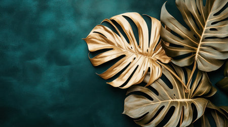 Gold palm leaf and monstera on a dark green velvet background, flat lay top view, copy space. 4058x2739px, in the style of Nina-erisian. --chaos 30 --ar 16:9 --v 6.1 Job ID: 9aa657c1-54df-416c-8802-029c5388fec4の素材