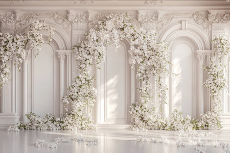 A photograph of a large wall with white floral arches and garland on the floor, a white vintage panel background, an elegant room with white flowers, white vintage wood panels, soft lighting, and a hyper-realistic appearance. --ar 3:2 --v 6.1 Job ID: c56066af-3836-4fb3-9767-942a7a97b505の素材
