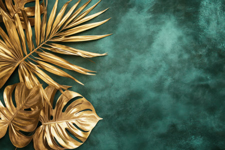 Gold monstera leaf and palm tree on a green velvet background, flat lay top view. Golden tropical leaves and a palm branch on a dark emerald tablecloth. Flat lay banner with copy space for a wedding invitation card design, party flyer, or social media post template. Photo taken in the style of Canon R6 Mark II, 8K. --ar 3:2 --v 6.1 Job ID: 002b2537-298f-4cee-914b-3e7e15ed4fceの素材