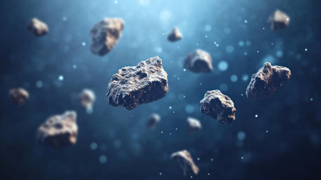 A swarm of small asteroid-like rocks floating in space, with some large ones at the back. Space background. --chaos 30 --ar 16:9 --v 6.1 Job ID: e8b27217-bf8d-45bd-9e6c-dbba8c931dc8の素材