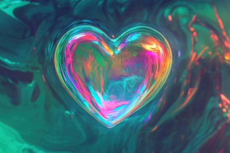 A heart-shaped hologram with neon colors, set against an abstract background of green and blue hues. The design includes multiple layers for a depth effect, creating a sense of movement or energy within the digital space. This image is designed to evoke emotions like love, joy, happiness, warmth, and family unity. It symbolizes your affectionate embrace in virtual reality. --ar 3:2 --v 6.1 Job ID: 520faec6-7ef5-428b-b10f-7447839175f4の素材