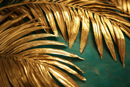 A close-up of golden palm fronds on a green background, symbolizing luxury and grandeur. The gold leaf highlights the texture and shine of each frond, creating an opulent visual effect. --ar 3:2 --v 6.1 Job ID: 723cc33c-f0c4-4d72-bf77-8fa69fb5d57aの素材
