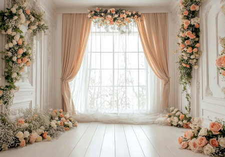 A white wooden floor, white walls with wood trim in beige and orange colors, a large window with flowing curtains, wall decorations of roses, delicate furniture, a photo studio for photography, professional lighting, bright illumination, flowers on the ground, a flower garland around the room, a warm atmosphere, soft lighting, a wide-angle lens, depth of field, and natural daylight. --ar 43:30 --v 6.1 Job ID: b5cf42f9-d8fd-47e6-b2d8-858cc941d535の素材