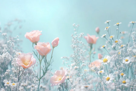 Beautiful pastel-colored roses and daisies in the foreground, with an ethereal blue background. The flowers should be in full bloom, creating a soft-focus effect that adds depth to the scene. Use warm tones for the petals of pink roses and white baby's breath wildflowers, creating a dreamy atmosphere. This design is perfect as wallpaper or a mural on walls, featuring a floral theme. --ar 3:2 --v 6.1 Job ID: f15da515-9c2b-45fa-8c28-73d7a1323484の素材